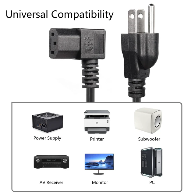 Alt view image 7 of 7 - 4.92FT 18AWG Left Angle 3 Prong Computer Power Cord, NEMA 5-15P to 90 Degree IEC 320 C13 Monitor TV Replacement Power Supply Cable, 10A/125V, for Computer, Scanners, Printers(L Black)