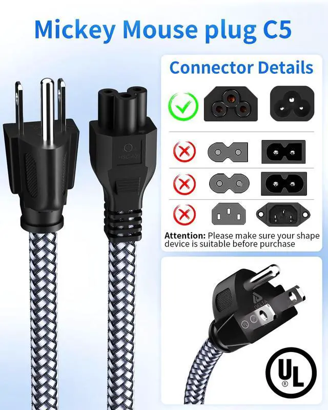 Alt view image 3 of 7 - 3 Prong AC Laptop Power Cord,6.6FT/2M Universal Power Cable Braided 3 Pin Power Cable for DellHP LG Lenovo Asus Acer Toshiba Laptops/Notebooks,Monitors,Printers,NEMA 5-15P to C5 Power Cord