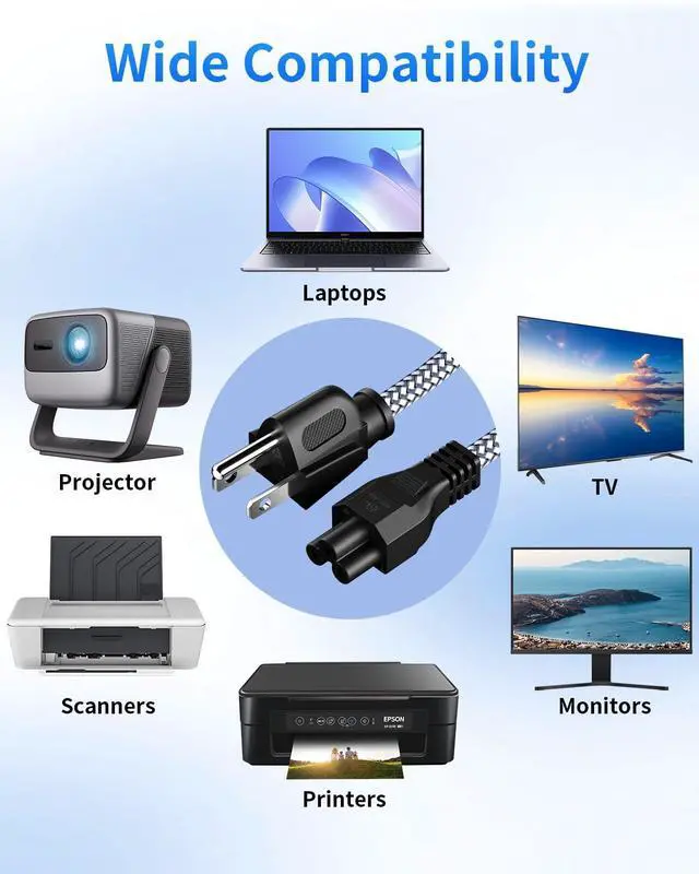 Alt view image 5 of 7 - 3 Prong AC Laptop Power Cord,6.6FT/2M Universal Power Cable Braided 3 Pin Power Cable for DellHP LG Lenovo Asus Acer Toshiba Laptops/Notebooks,Monitors,Printers,NEMA 5-15P to C5 Power Cord