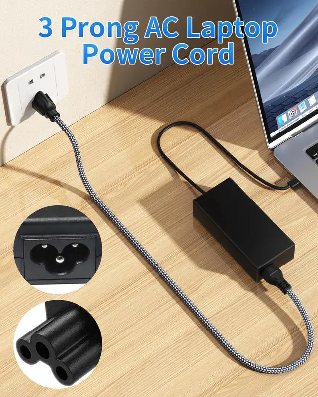 Alt view image 6 of 7 - 3 Prong AC Laptop Power Cord,6.6FT/2M Universal Power Cable Braided 3 Pin Power Cable for DellHP LG Lenovo Asus Acer Toshiba Laptops/Notebooks,Monitors,Printers,NEMA 5-15P to C5 Power Cord