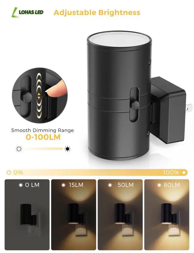 Alt view image 3 of 7 - Night Light Plug in, Modern Night Lights Plug into Wall, Dusk to Dawn Sensor, Soft White 3000K, 0-100LM Adjustable Brightness, Dimmable Night Lights for Hallway Bedroom Stairway, 2 Pack