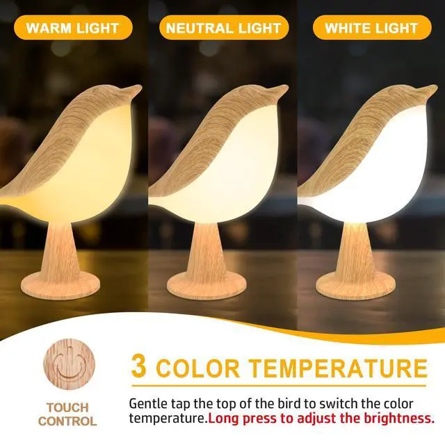 Alt view image 4 of 7 - Small Desk Lamp, Cute Bird Light Cordless Lamp with 3 Color Temperature and Touch Sensor,Kids Night Light with Rechargeable Battery for Bedroom Nightstand Bedside Table Room Decor