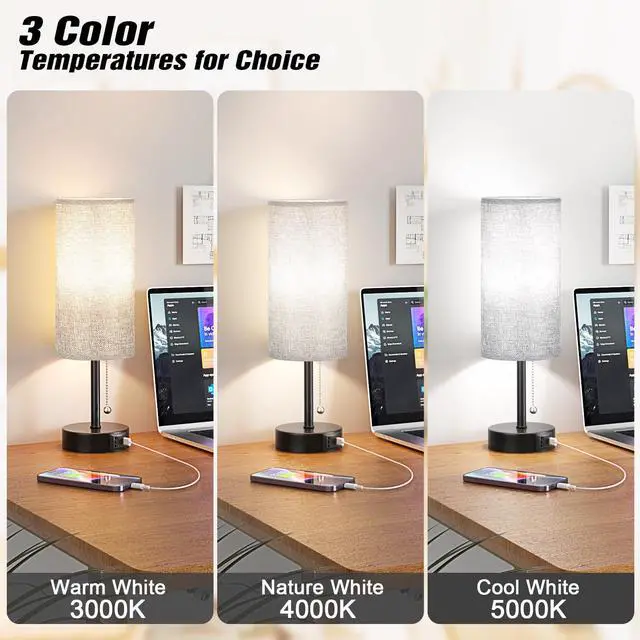 Alt view image 2 of 7 - Grey Bedside Lamp for Bedroom Nightstand - Small Table Lamp with USB A + C Charging Port, 3 Color Temperatures Pull Chain Night Stand Light with Bulb, Side Table Desk Reading Lamp for Living Room/Dorm