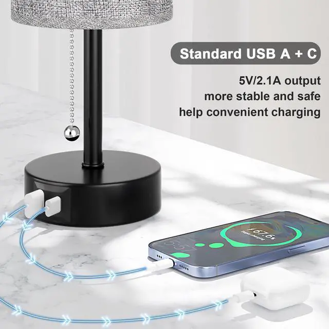 Alt view image 6 of 7 - Grey Bedside Lamp for Bedroom Nightstand - Small Table Lamp with USB A + C Charging Port, 3 Color Temperatures Pull Chain Night Stand Light with Bulb, Side Table Desk Reading Lamp for Living Room/Dorm