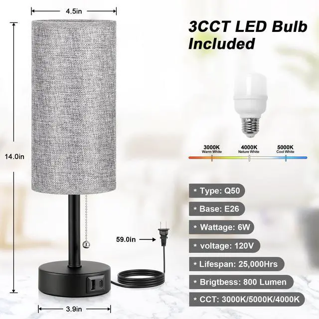 Alt view image 7 of 7 - Grey Bedside Lamp for Bedroom Nightstand - Small Table Lamp with USB A + C Charging Port, 3 Color Temperatures Pull Chain Night Stand Light with Bulb, Side Table Desk Reading Lamp for Living Room/Dorm