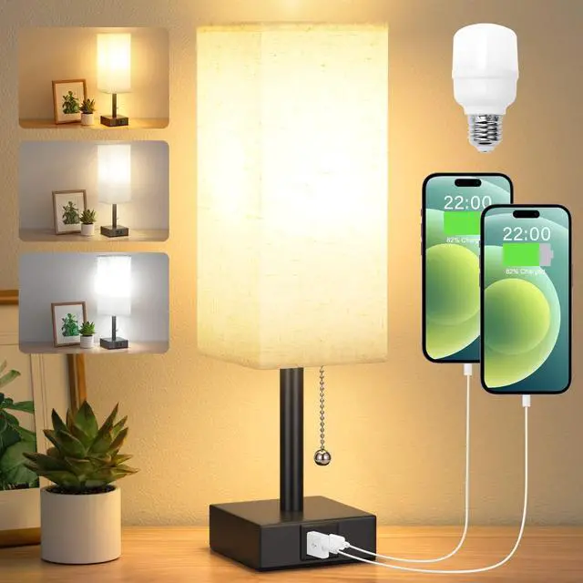 Main image of Bedside Table Lamp with 3 Color Temperatures - 3000/4000/5000K Small Lamp with USB C+A Ports, Nightstand Lamp with 3 Color Modes by Pull Chain, Bedroom Lamp for Living Read Work(LED Bulb Included)