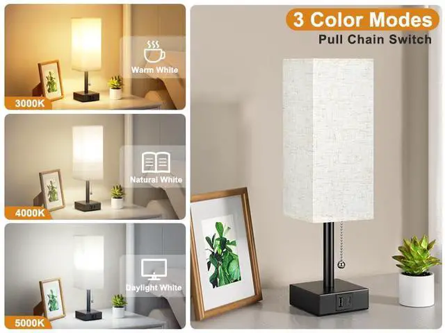 Alt view image 3 of 7 - Bedside Table Lamp with 3 Color Temperatures - 3000/4000/5000K Small Lamp with USB C+A Ports, Nightstand Lamp with 3 Color Modes by Pull Chain, Bedroom Lamp for Living Read Work(LED Bulb Included)