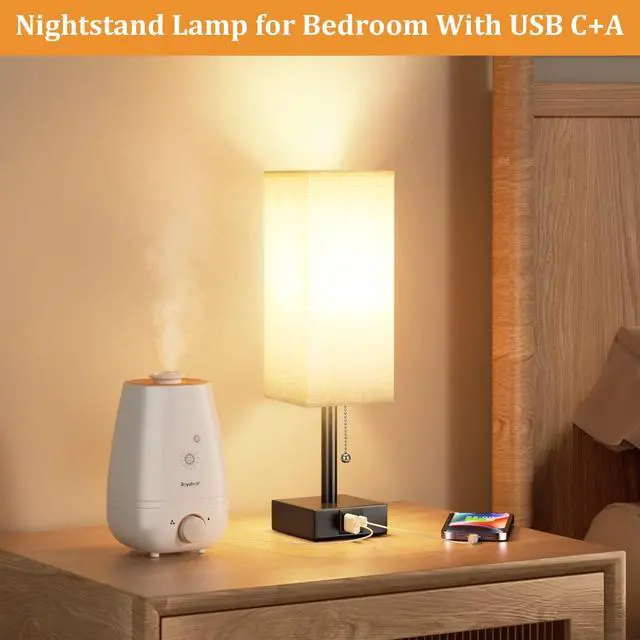 Alt view image 6 of 7 - Bedside Table Lamp with 3 Color Temperatures - 3000/4000/5000K Small Lamp with USB C+A Ports, Nightstand Lamp with 3 Color Modes by Pull Chain, Bedroom Lamp for Living Read Work(LED Bulb Included)