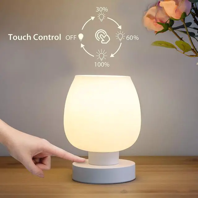 Alt view image 2 of 7 - Touch Bedside Table Lamp - Modern Small Lamp for Bedroom Living Room Nightstand, Desk lamp with White Opal Glass Lamp Shade, Warm LED Bulb, 3 Way Dimmable, Simple Design