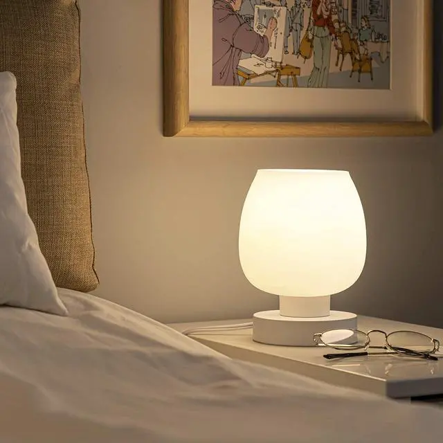 Alt view image 3 of 7 - Touch Bedside Table Lamp - Modern Small Lamp for Bedroom Living Room Nightstand, Desk lamp with White Opal Glass Lamp Shade, Warm LED Bulb, 3 Way Dimmable, Simple Design