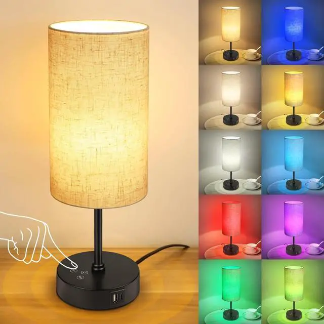 Main image of Table Lamp, 3 CCT 3000K/4500K/6500K & RGB Color Changing, Stepless Dimmable Small Bedside Lamp for Reading, Ambience Nightstand Light for Home Decor Party, Beige Shade