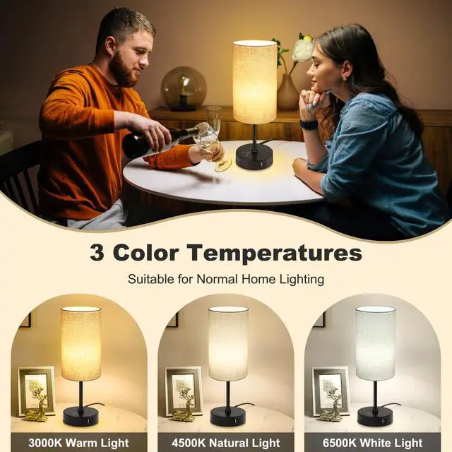 Alt view image 2 of 7 - Table Lamp, 3 CCT 3000K/4500K/6500K & RGB Color Changing, Stepless Dimmable Small Bedside Lamp for Reading, Ambience Nightstand Light for Home Decor Party, Beige Shade