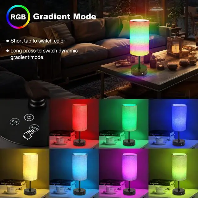 Alt view image 3 of 7 - Table Lamp, 3 CCT 3000K/4500K/6500K & RGB Color Changing, Stepless Dimmable Small Bedside Lamp for Reading, Ambience Nightstand Light for Home Decor Party, Beige Shade