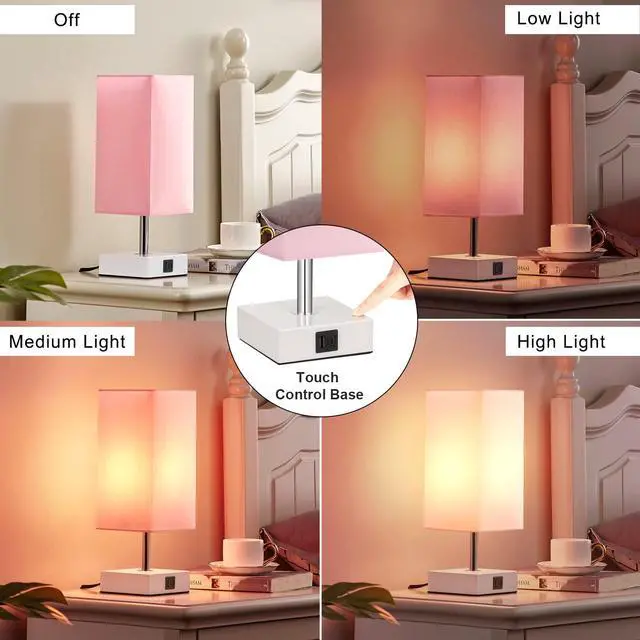Alt view image 4 of 6 - Touch Control Table Lamp with 2 USB Charging Ports, 3 Way Touch Lamps Beside Desk, Nightstand Lamp for Bedrooms Living Room, Pink Shade with White Base, LED Bulb Included(Pink)