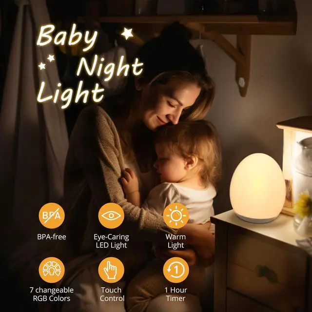 Alt view image 2 of 7 - Night Light for Kids, Baby Night Light with 7 Colors Changing Mode & Stepless Dimming, Nursery Night Light BPA Free,Rechargeable Egg Night Light for Breastfeeding 1h Timer & Touch Control