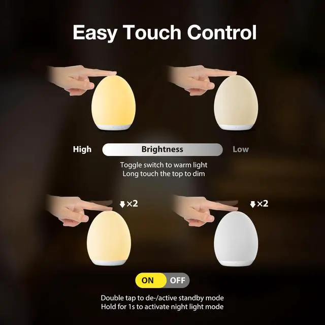 Alt view image 7 of 7 - Night Light for Kids, Baby Night Light with 7 Colors Changing Mode & Stepless Dimming, Nursery Night Light BPA Free,Rechargeable Egg Night Light for Breastfeeding 1h Timer & Touch Control