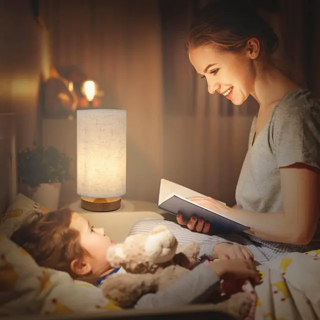 Alt view image 3 of 7 - Small Bedside Night Table Lamp for Bedroom, Minimalist Nightstand Lamp with Round Fabric Linen Shade, Study Reading Desk Lamp for Kids Room, Living Room, College Dorm, Home, Office