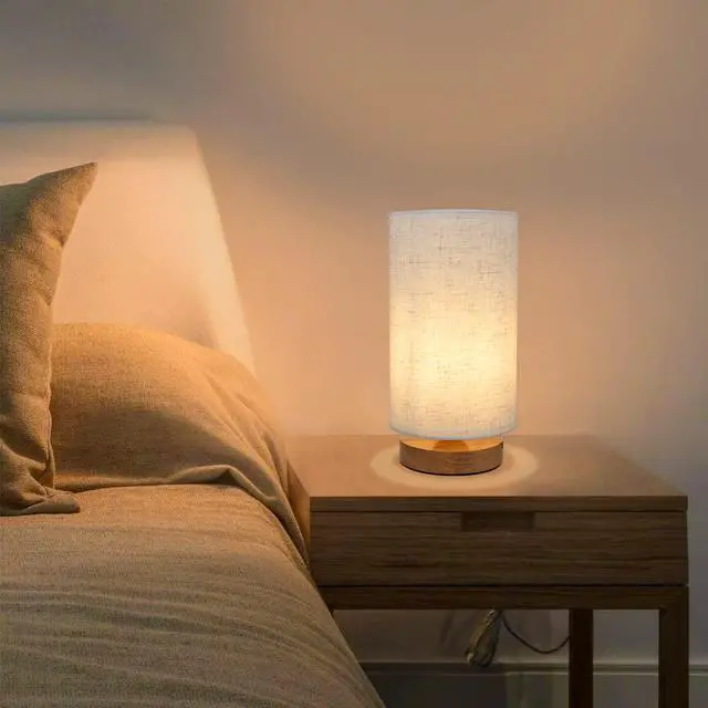 Alt view image 2 of 7 - Small Bedside Night Table Lamp for Bedroom, Minimalist Nightstand Lamp with Round Fabric Linen Shade, Study Reading Desk Lamp for Kids Room, Living Room, College Dorm, Home, Office