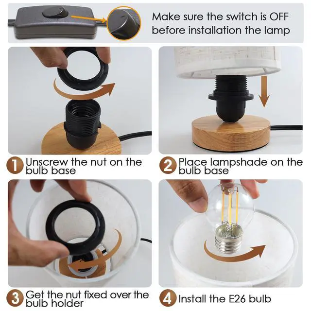 Alt view image 7 of 7 - Small Bedside Night Table Lamp for Bedroom, Minimalist Nightstand Lamp with Round Fabric Linen Shade, Study Reading Desk Lamp for Kids Room, Living Room, College Dorm, Home, Office