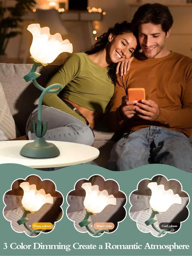 Alt view image 3 of 7 - Flower Table Lamp,LED Reading Light Bedside Vintage Flower Night Light,3 Colors Modes Kawaii Bedside Lamps Decor,Living Room Bedroom Room Lighting Table Lamps Home Decoration (Green)
