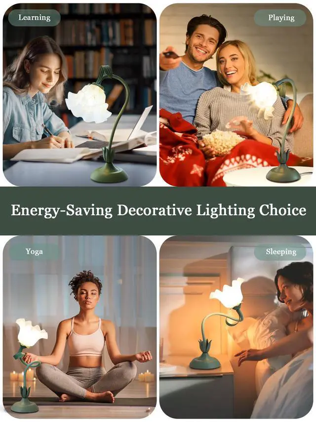 Alt view image 7 of 7 - Flower Table Lamp,LED Reading Light Bedside Vintage Flower Night Light,3 Colors Modes Kawaii Bedside Lamps Decor,Living Room Bedroom Room Lighting Table Lamps Home Decoration (Green)