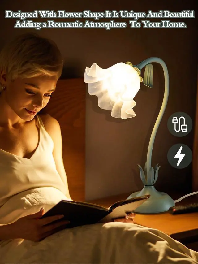 Alt view image 2 of 7 - Flower Table Lamp,LED Reading Light Bedside Vintage Flower Night Light,3 Colors Modes Kawaii Bedside Lamps Decor,Living Room Bedroom Room Lighting Table Lamps Home Decoration (Green)