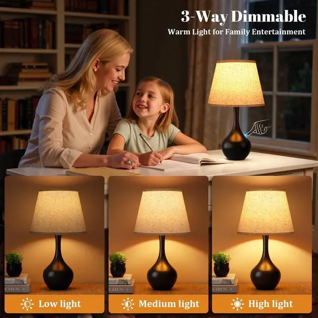 Alt view image 4 of 7 - 16.1" Touch Table Lamps for Nightstand, 3-Way Dimmable Small Bedroom Lamps for Night Stands, Black Bedside Lamps for Living Room, Kids Room, End Table