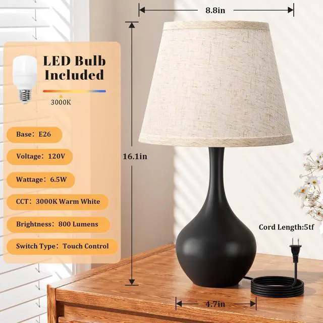 Alt view image 5 of 7 - 16.1" Touch Table Lamps for Nightstand, 3-Way Dimmable Small Bedroom Lamps for Night Stands, Black Bedside Lamps for Living Room, Kids Room, End Table