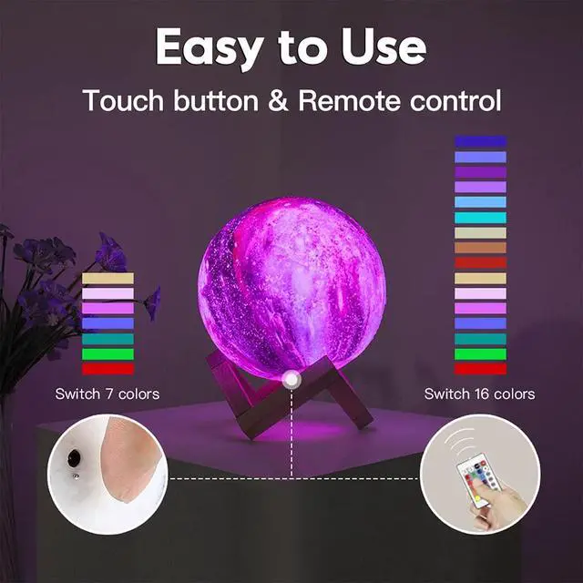 Alt view image 3 of 7 - Moon Lamp Galaxy Lamp 5.9 inch 16 Colors LED 3D Moon Light, Remote & Touch Control Moon Night Light Gifts for Girls Boys Kids Women BirthdayWooden Base