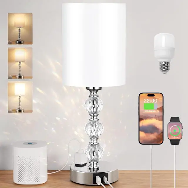 Main image of Touch Bedside Crystal Lamps for Bedrooms Nightstand with USB C+A Charging Port and AC Outlet White, 3 Way Dimmable Silver Small End Side Table Lamp for Living/Guest/Dinning Room/Kitchen
