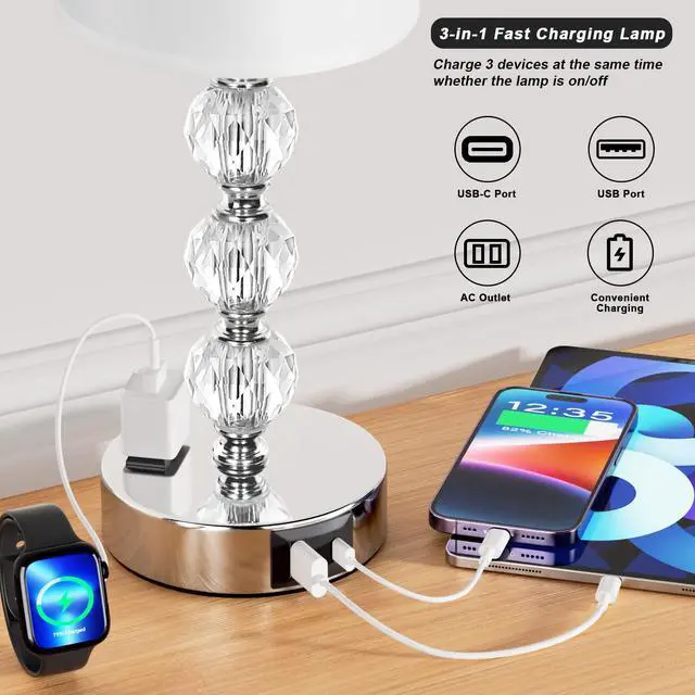 Alt view image 3 of 7 - Touch Bedside Crystal Lamps for Bedrooms Nightstand with USB C+A Charging Port and AC Outlet White, 3 Way Dimmable Silver Small End Side Table Lamp for Living/Guest/Dinning Room/Kitchen