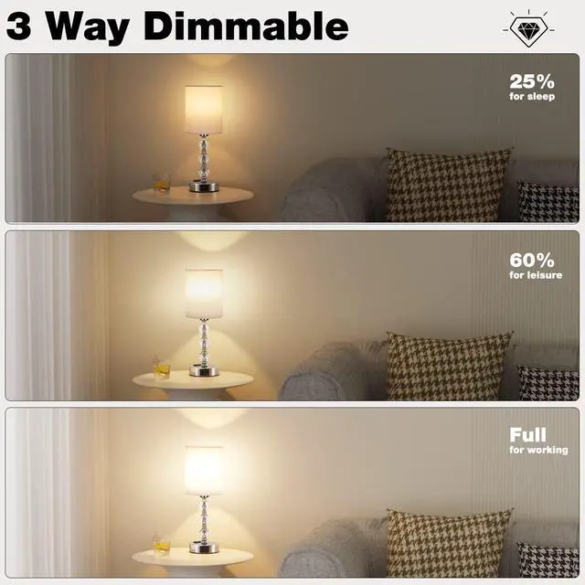 Alt view image 5 of 7 - Touch Bedside Crystal Lamps for Bedrooms Nightstand with USB C+A Charging Port and AC Outlet White, 3 Way Dimmable Silver Small End Side Table Lamp for Living/Guest/Dinning Room/Kitchen