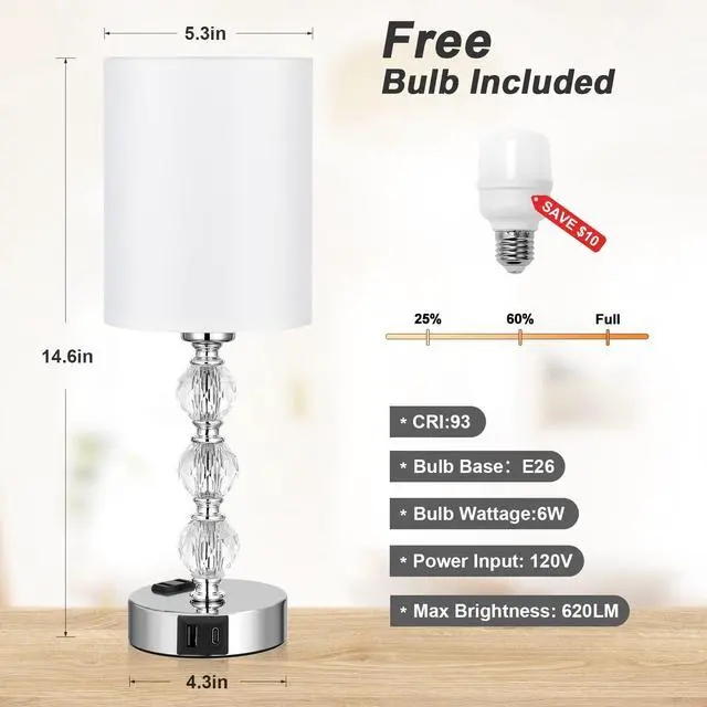 Alt view image 6 of 7 - Touch Bedside Crystal Lamps for Bedrooms Nightstand with USB C+A Charging Port and AC Outlet White, 3 Way Dimmable Silver Small End Side Table Lamp for Living/Guest/Dinning Room/Kitchen