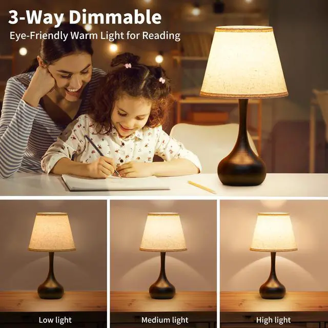 Alt view image 2 of 7 - Touch Bedside Lamp for Bedroom, 3-Way Dimmable Farmhouse Table Lamps for Nightstand with Fabric Shade, Desk Lamp for Kids Reading, Home Office