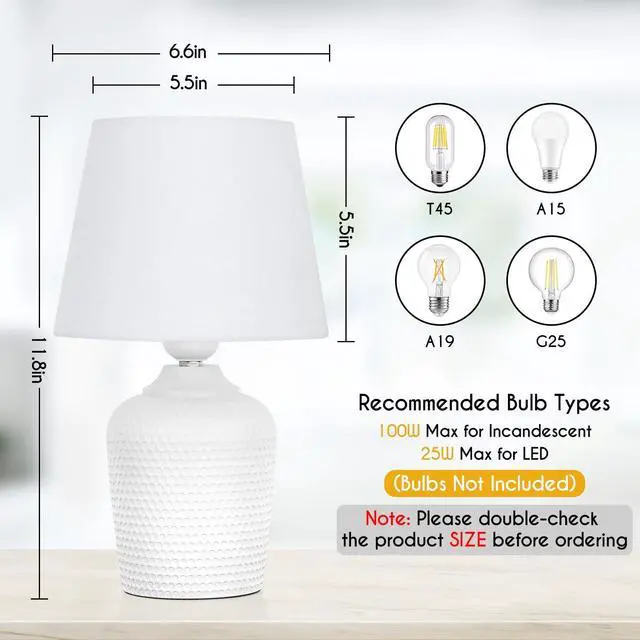 Alt view image 2 of 7 - Small 11.8" Table Lamps Set of 2, Bedside Nightstand Lamps for Bedroom Kids Room, Cute Desk Lamps with Studded Texture Base for Reading Nursery Living Room Office, White