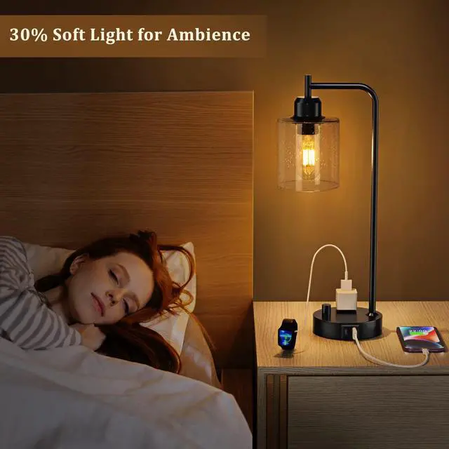 Alt view image 4 of 7 - Industrial Bedside Table Lamp for Bedroom - Nightstand Lamps with USB C Charging Port, Fully Dimmable Black Ports and Outlets, Small Desk Glass Shade Office Living Room