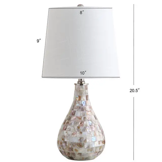 Alt view image 3 of 7 - Mona Coastal Mini LED Table Lamp 20.5" Bedside, Seashell | White Linen Drum Shade, Mother Of Pearl Resin Body, On-Off Rotary Switch, LED Bulb Included