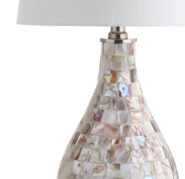 Alt view image 6 of 7 - Mona Coastal Mini LED Table Lamp 20.5" Bedside, Seashell | White Linen Drum Shade, Mother Of Pearl Resin Body, On-Off Rotary Switch, LED Bulb Included
