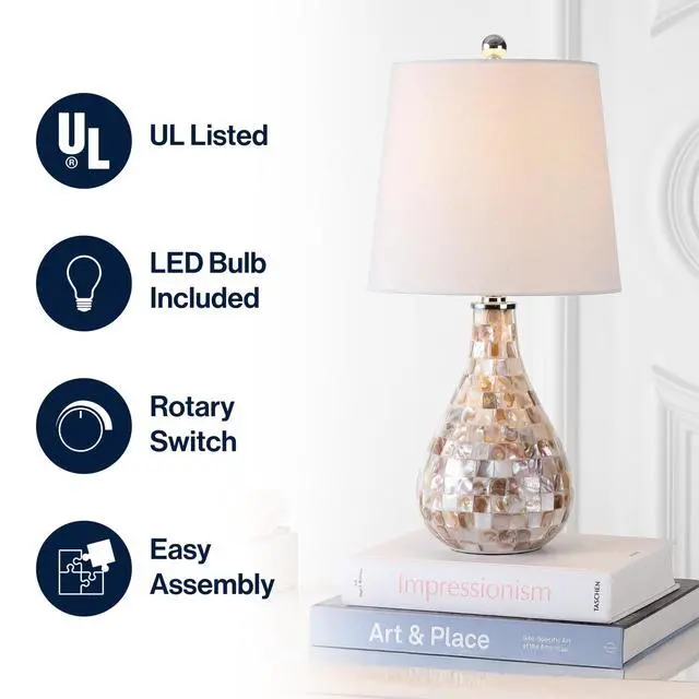 Alt view image 4 of 7 - Mona Coastal Mini LED Table Lamp 20.5" Bedside, Seashell | White Linen Drum Shade, Mother Of Pearl Resin Body, On-Off Rotary Switch, LED Bulb Included