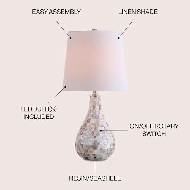 Alt view image 5 of 7 - Mona Coastal Mini LED Table Lamp 20.5" Bedside, Seashell | White Linen Drum Shade, Mother Of Pearl Resin Body, On-Off Rotary Switch, LED Bulb Included