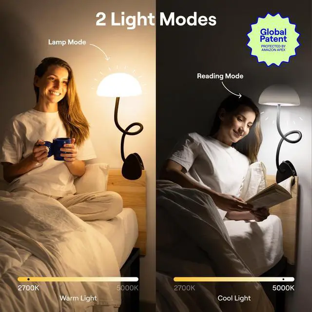 Alt view image 2 of 6 - Shroommate Clip On Light and Bed Headboard Lamp, Bedside Table Lamp for Dorm, College Dorm Room Essentials, Night Light for Kids Nursery, Clip on for Desk, MultiColor LEDs, Adapter Included (Black)