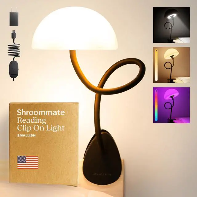 Main image of Shroommate Clip On Light and Bed Headboard Lamp, Bedside Table Lamp for Dorm, College Dorm Room Essentials, Night Light for Kids Nursery, Clip on for Desk, MultiColor LEDs, Adapter Included (Black)