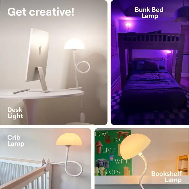 Alt view image 5 of 6 - Shroommate Clip On Light and Bed Headboard Lamp, Bedside Table Lamp for Dorm, College Dorm Room Essentials, Night Light for Kids Nursery, Clip on for Desk, MultiColor LEDs, Adapter Included (Black)