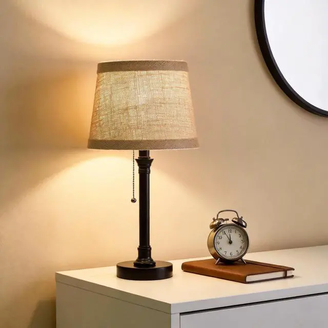 Alt view image 2 of 7 - 19.5" Small Table Lamp for Bedroom - Bedside Lamps for Nightstand, Black Table Lamp for Living Room with Fabric Shade, Desk Reading Lamp for Kids Room Living Room Office Dorm