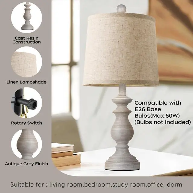 Alt view image 4 of 7 - Traditional Table Lamp Set of 2, Rustic Farmhouse Table Lamps for Living Room Bedroom, 22" Bedside Desk Lamps Vintage Nightstand Lamps with Linen Shades, Antique Grey