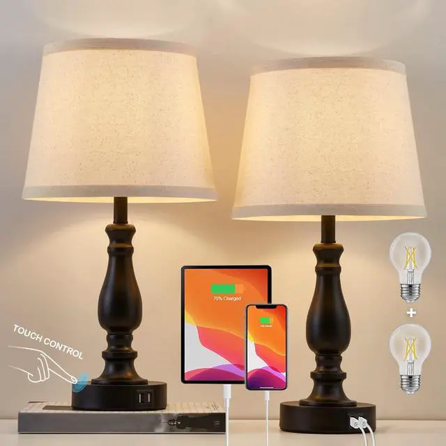 Main image of Lamps for Bedroom Set of 2,Touch Bedside Table Lamp with USB C+A Ports,Dimmable Nightstand Lamps with Round Fabric Linen Lampshade for Living Room Reading Bed Side End Table,Bulbs Included