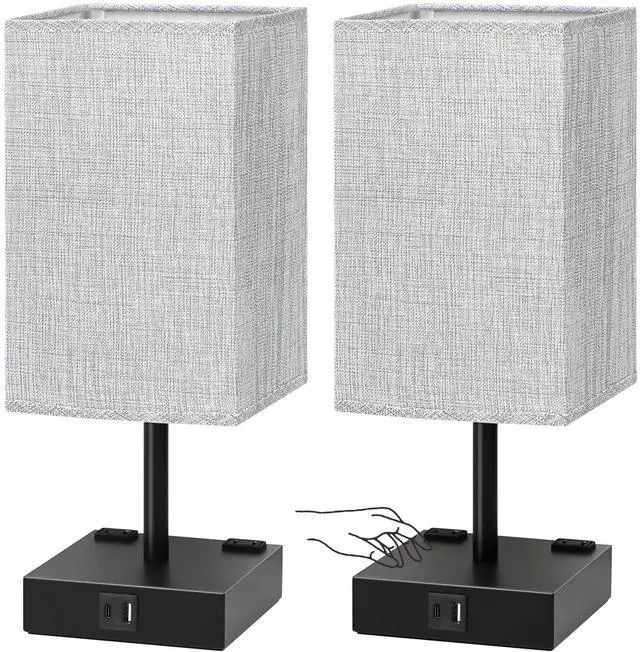 Main image of Bedside Table Lamps Set of 2 - Touch Nightstand Lamp for Bedroom with USB C+A Charging Ports & AC Outlets, 3-Way Dimmable Desk Lamp Grey Fabric Shade for Bedroom Living Room, Office(Bulb Included)