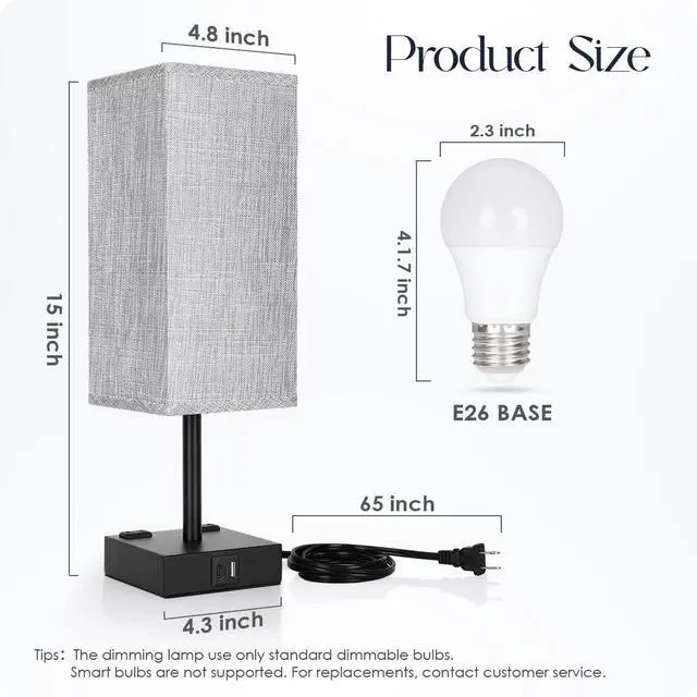 Alt view image 3 of 7 - Bedside Table Lamps Set of 2 - Touch Nightstand Lamp for Bedroom with USB C+A Charging Ports & AC Outlets, 3-Way Dimmable Desk Lamp Grey Fabric Shade for Bedroom Living Room, Office(Bulb Included)