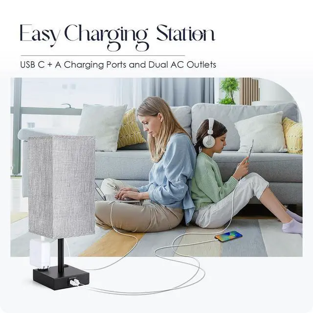 Alt view image 7 of 7 - Bedside Table Lamps Set of 2 - Touch Nightstand Lamp for Bedroom with USB C+A Charging Ports & AC Outlets, 3-Way Dimmable Desk Lamp Grey Fabric Shade for Bedroom Living Room, Office(Bulb Included)