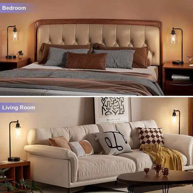 Alt view image 5 of 7 - Industrial Touch Table Lamps for Bedrooms Set of 2 - 3-Way Dimmable Nightstand Lamps with USB C+A Ports and Outlet, Black Bedside Lamps with Glass Shade for Living Room, Desk Lamps for Home Office